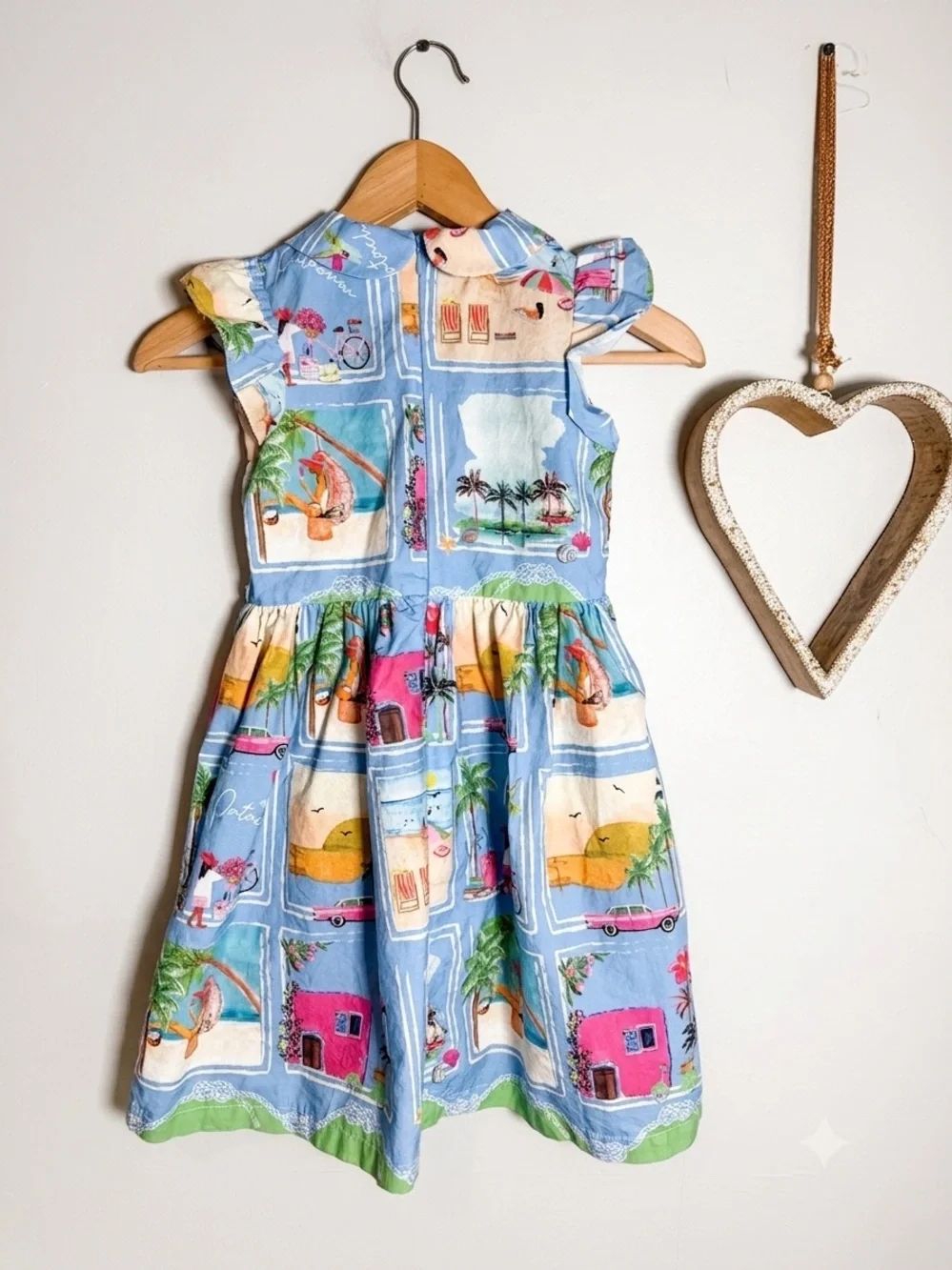 Patachou Girls Blue Postcard Beach Print Dress Size 8Y Cotton Peter Pan Collar